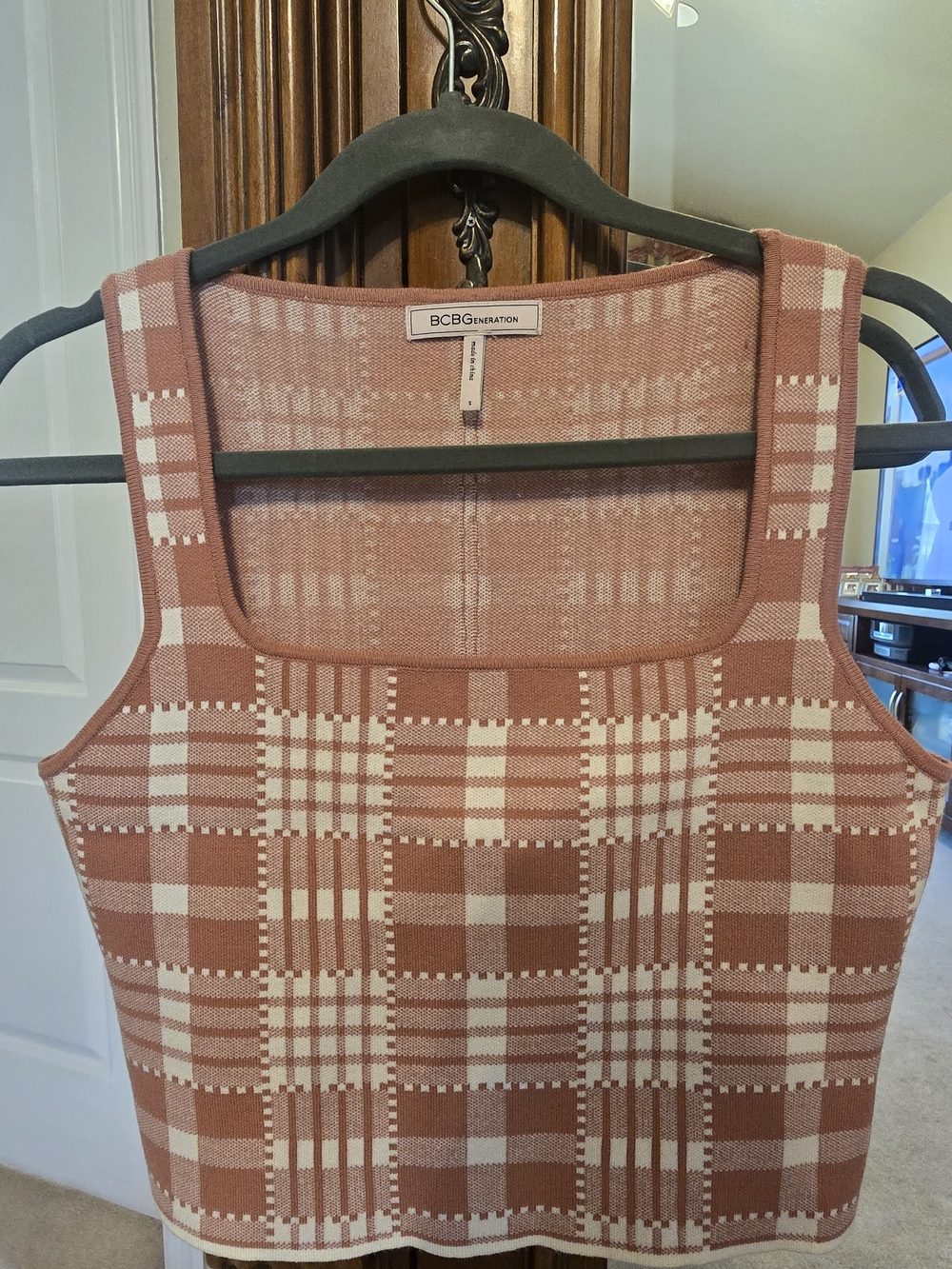 BCBGeneration Rust and Cream Plaid Knit Square-Neck Tank
